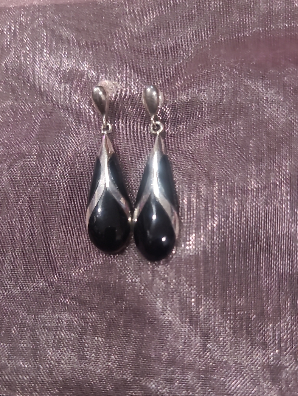 BJMC Sterling Silver 925 Black Onyx Inlay Teardrop Dangle Earrings